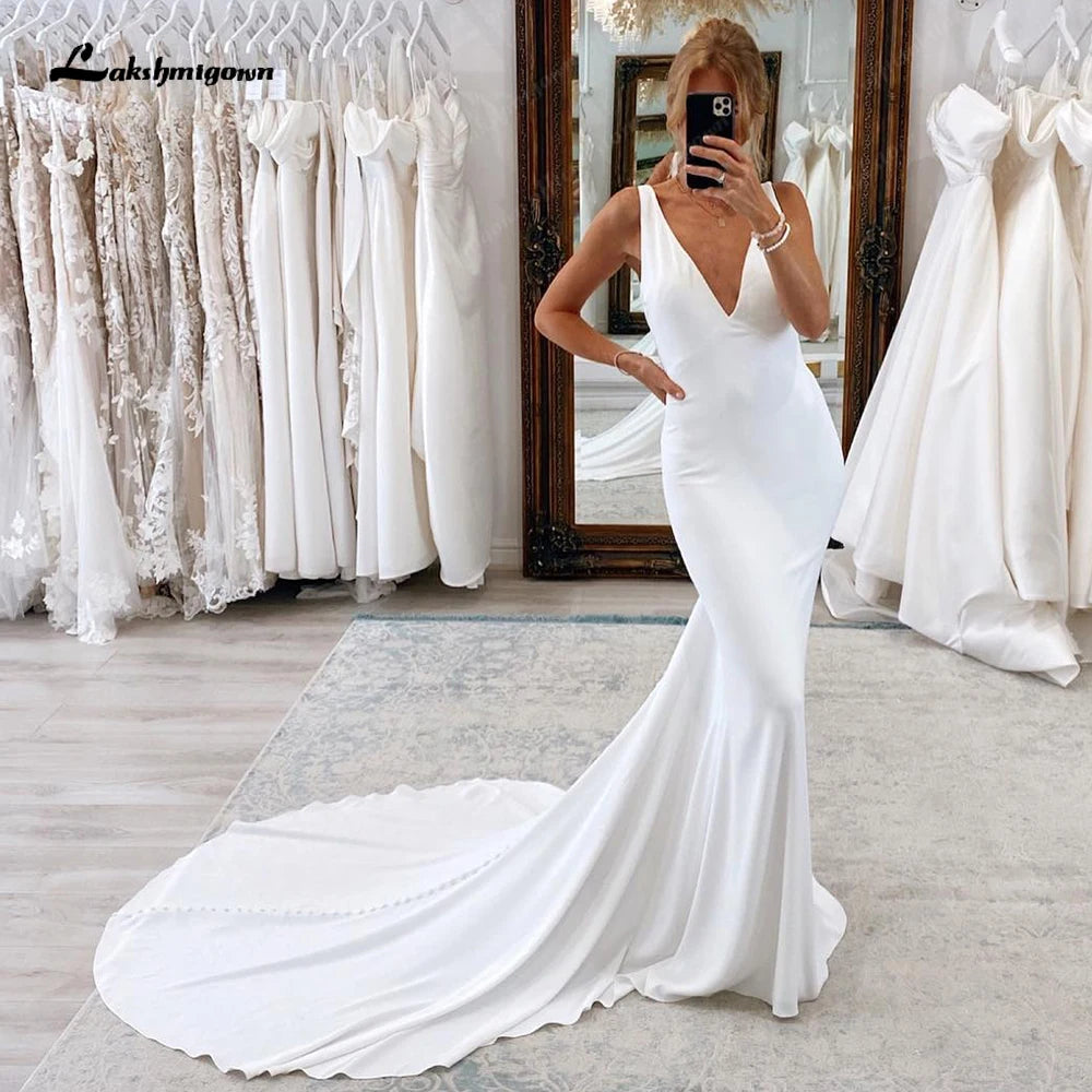 Metallic DressRoycebridal Deep V Neck Mermaid Wedding Dresses Elastic Satin Pearls Backless Bridal Gowns Beach Bride Dress robe de mariée