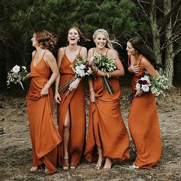 Retro DressRoycebridal Simple Sleeveless V Neck Burnt Orange Bridesmaid Dresses