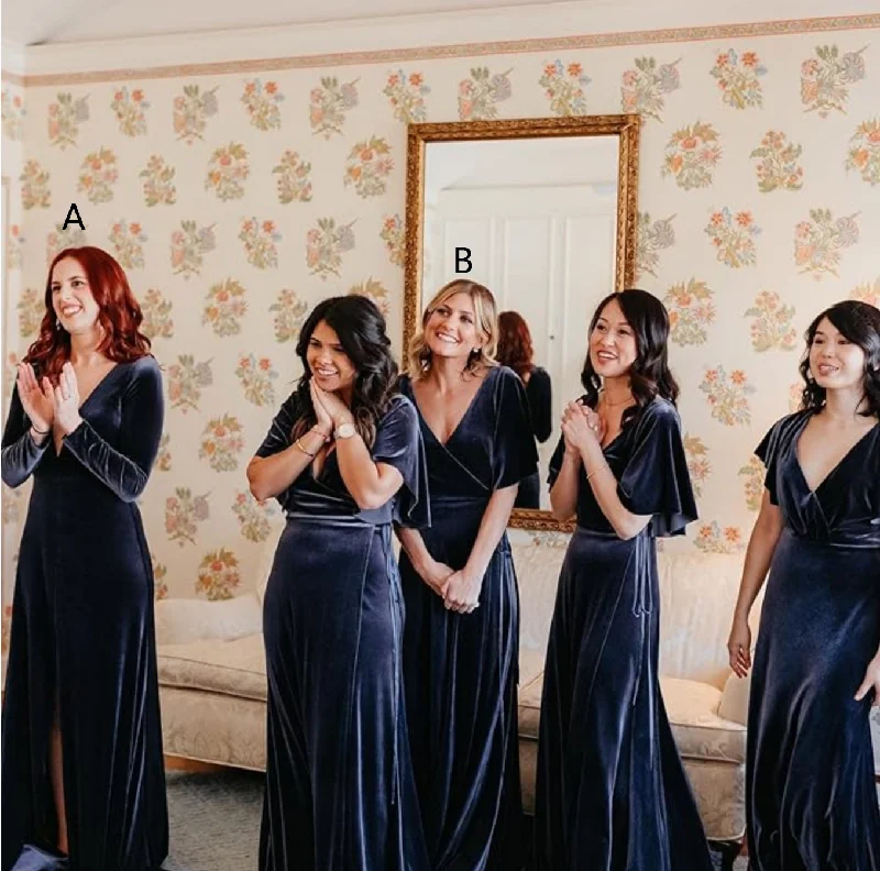 women's denim dressesMismatched Navy Blue Winter Bridesmaid Dresses Velvet Wedding Guest Dress