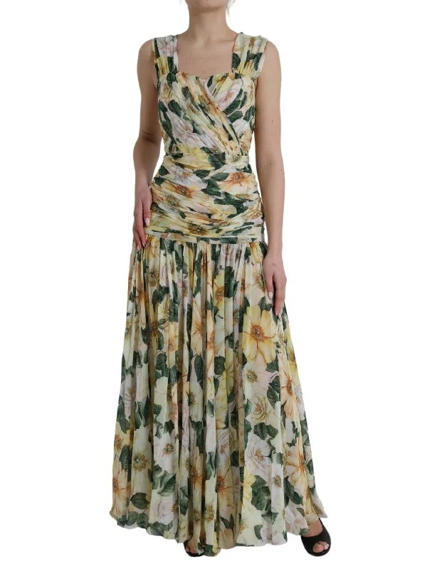 women's A-line dressesDolce & Gabbana Yellow Floral Print Silk Pleated Maxi Dress