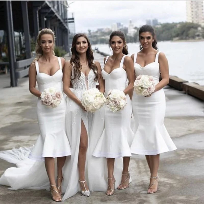 Bow-Tie DressRoycebridal White Short Bridesmaid Dresses Mermaid Sweetheart Spaghetti Straps