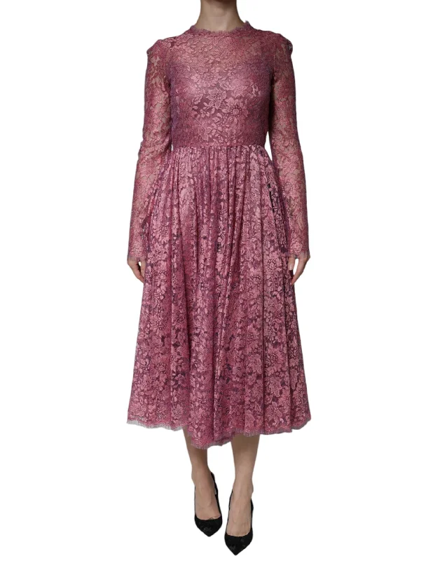 Minimalist DressDolce & Gabbana Fuchsia Floral Lace Long Sleeve Maxi Dress