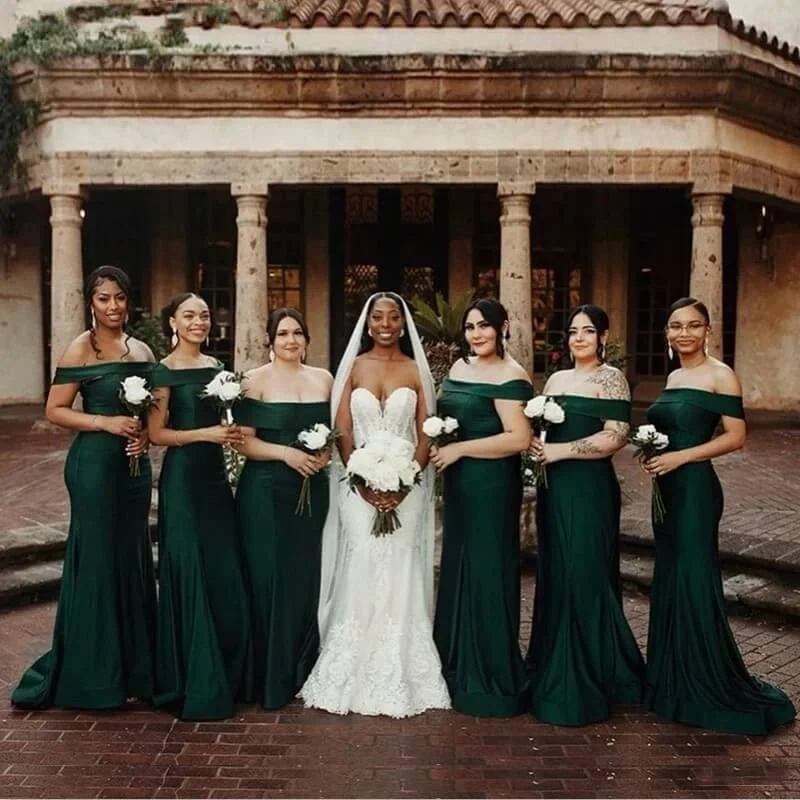 Pearl DressRoycebridal Cheap Dark Green Bridesmaid Dresses Off Shoulder Long Wedding Party Dress