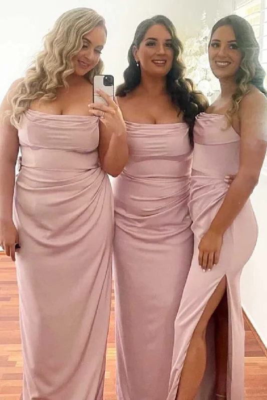 women's sleeveless dressesRoycebridal Cheap Long Boho Pink Bridesmaid Dress Satin Sleeveless Cowl Neck with Slit