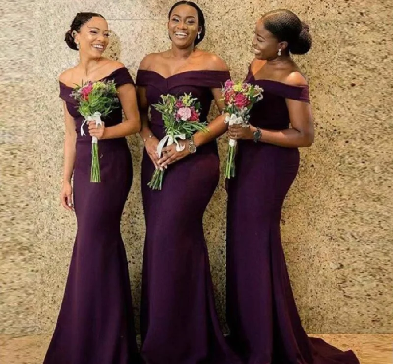 women's glam dressesRoycebridal Floor Length Off the Shoulder Mermaid Dark Purple Bridesmaid Dresses