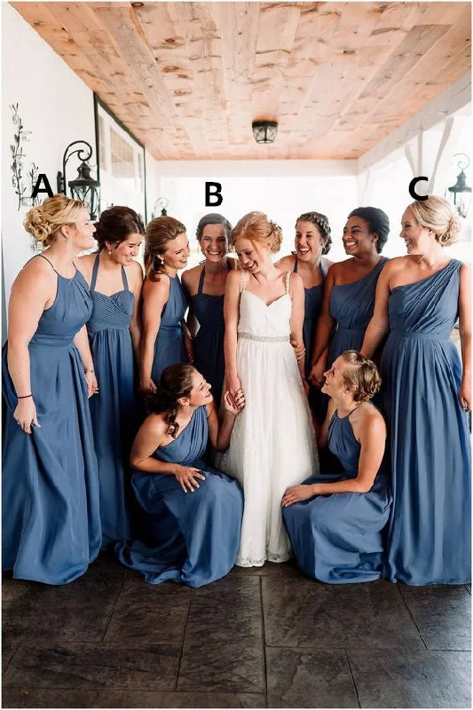 Spaghetti Strap DressRoycebridal Floor Length Long Mismatched Dusty Blue Bridesmaid Dresses Chiffon