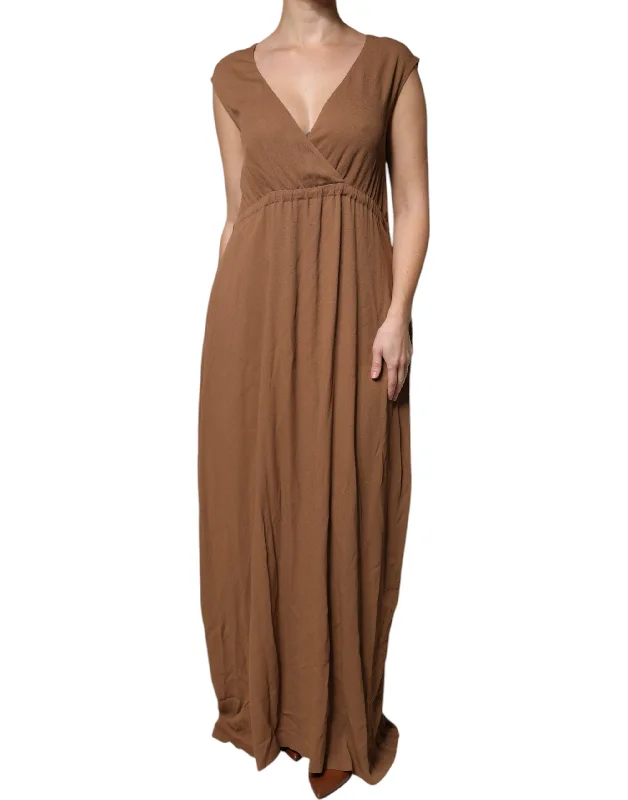 Petite DressFabiana Filippi Brown Sleeveless Deep V-neck A-line Long Maxi Dress