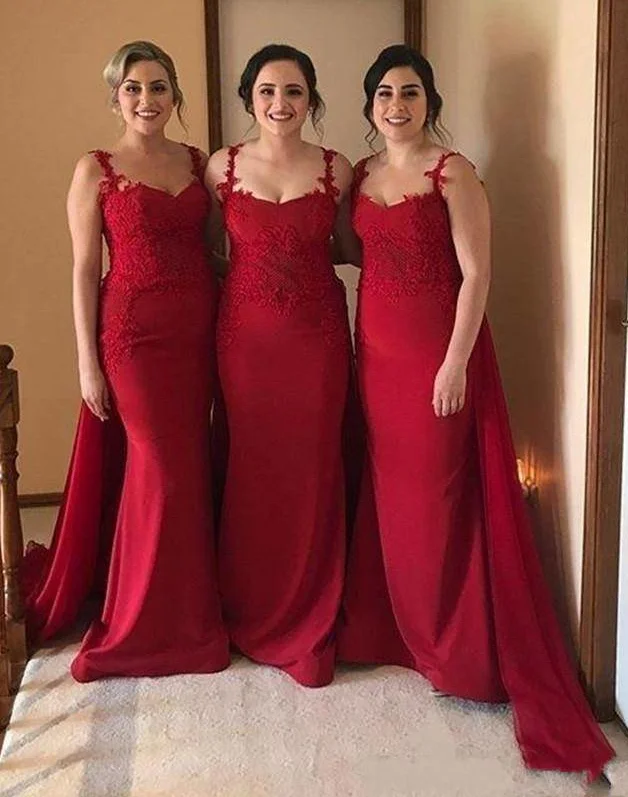 women's fair-trade dressesSpaghetti Straps Lace Burgundy Bridesmaid Dresses with Train