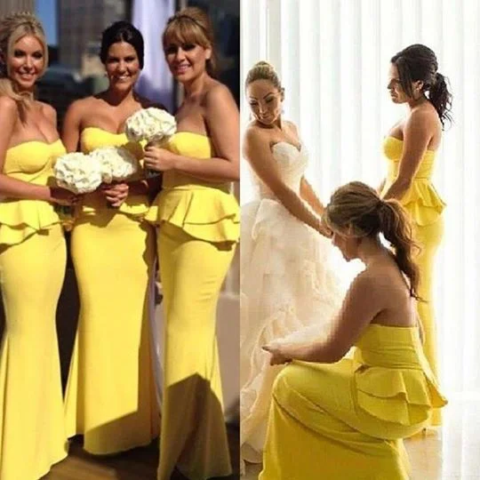 Casual DressRoycebridal Mermaid Yellow Bridesmaid Dresses Strapless Ruffles Maid of Honor Wear