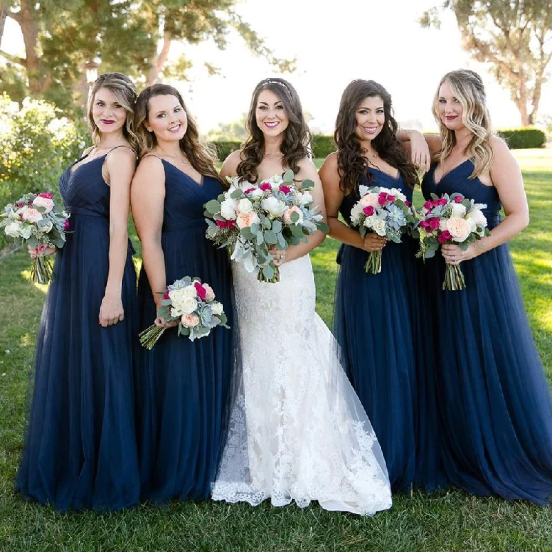 Sequined DressRoycebridal Floor-Length Tulle Navy Blue Bridesmaid Dresses V Neck Dress