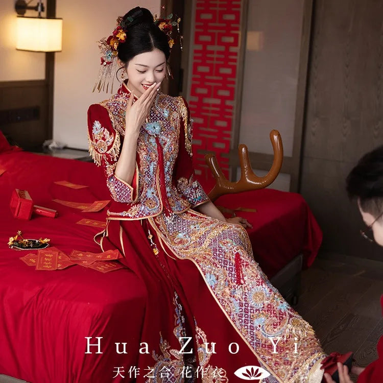 Ribbon DressLuxury Velour Xiuhe Suit Chinese Trend Wedding Dress Show Quality East Asian Bridal Dress Modern Improved Traditional Apparel