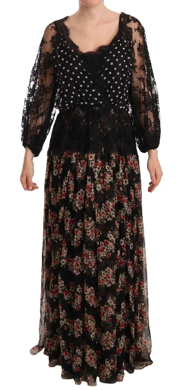 women's cold-shoulder dressesDolce & Gabbana Elegant Lace Floral Maxi Dress with Polka Dots