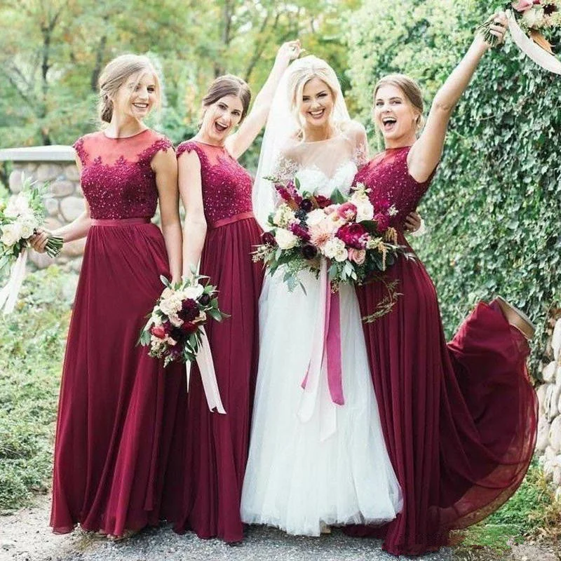 Velveteen DressFloor Length Beach Lace Chiffon Jewel Wine Bridesmaid Dresses