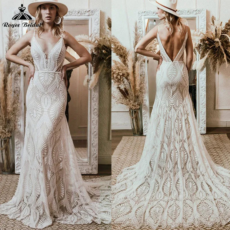 women's bespoke dressesVestido Bohemian Wedding Dress V Neck Lace Boho Spaghetti Straps Backless Beach Bridal Gowns Vestido de novia Roycebridal