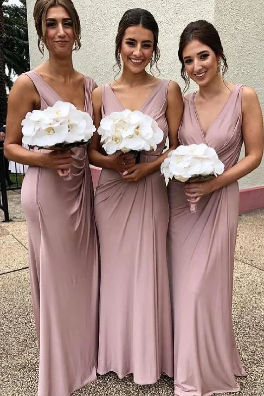 women's wrap dressesRoycebridal Cheap Chiffon Blush Pink Bridesmaid Dresses Sleeveless Deep V Neck