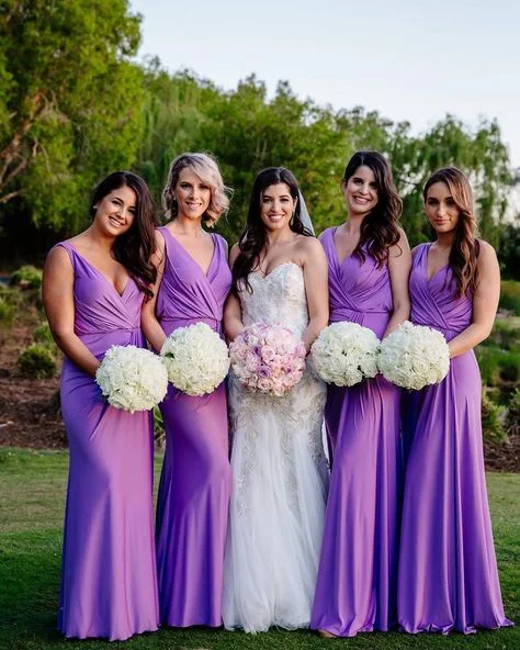 women's vintage dressesRoycebridal Sheath V Neck Chiffon Sleeveless Purple Bridesmaid Dresses