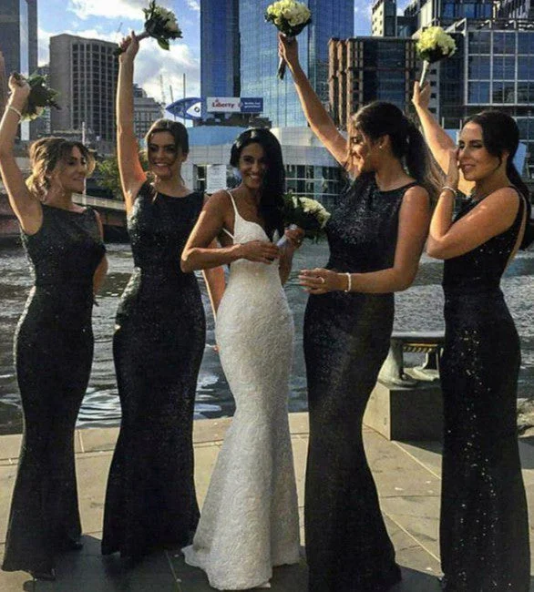 Plus-Size DressLong Black Sequin Bridesmaid Dresses Mermaid Sleeveless