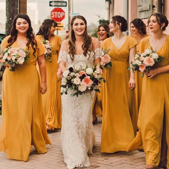 Trumpet DressCheap V-Neck Mustard Yellow Fall Bridesmaid Dresses Cap Sleeves