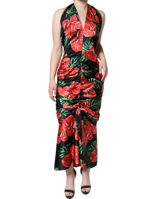 Statement DressDolce & Gabbana Black Tropical Floral Sheath Maxi Dress