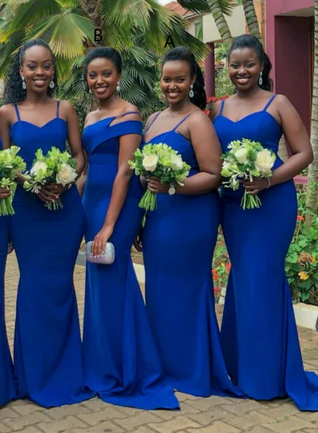 women's body-skimming dressesRoycebridal African Satin Blue Bridesmaid Dresses Spaghetti Straps Mermaid Wedding Guest Dress