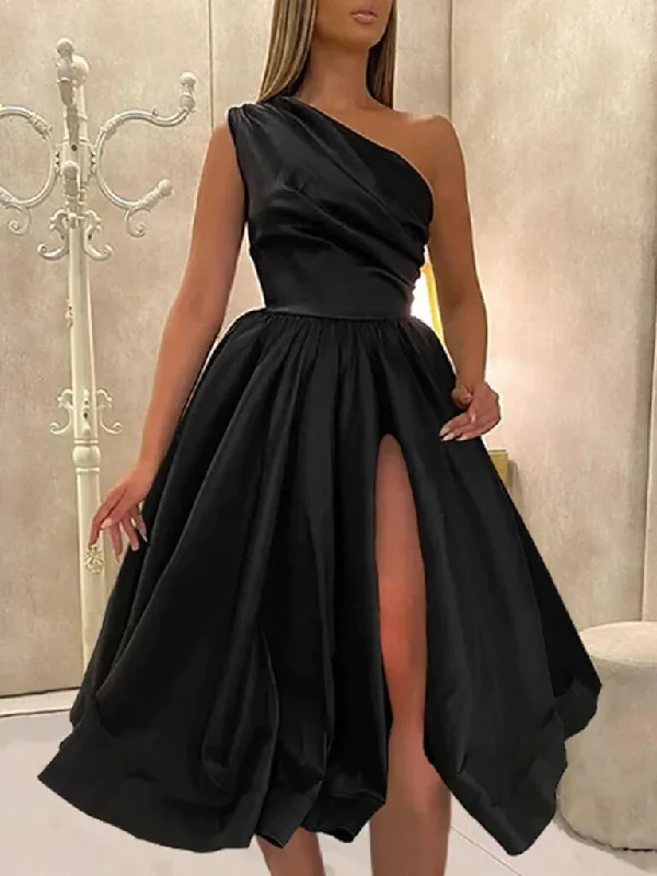 Halter DressRoycebridal 2025 One Shoulder Black Satin Wedding Guest Dresses Tea Length Prom Dresses