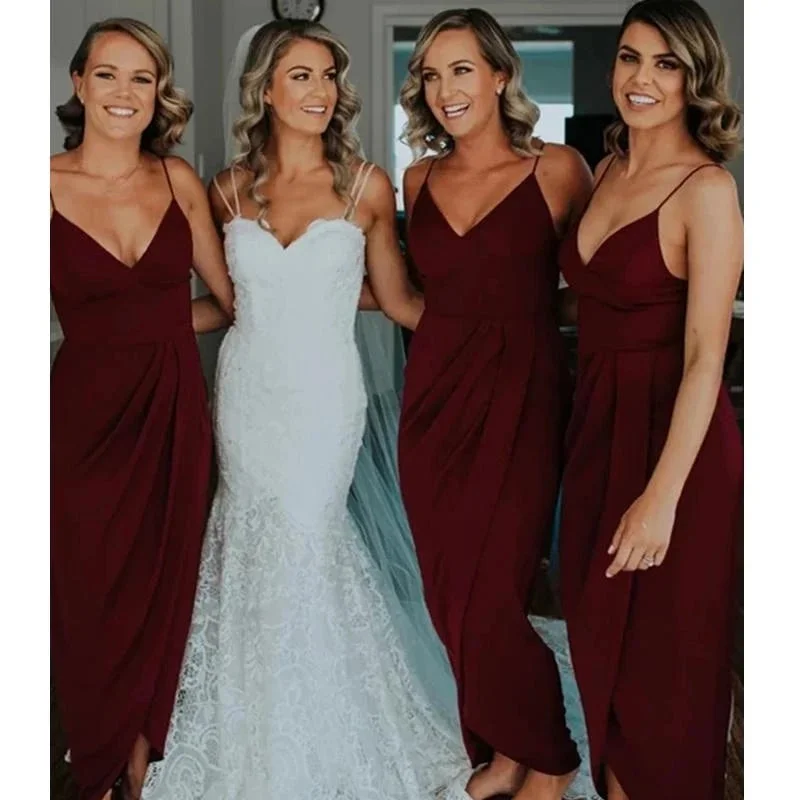 Minimalist DressSimple Chiffon V Neck Spaghetti Strap Burgundy Bridesmaid Dresses