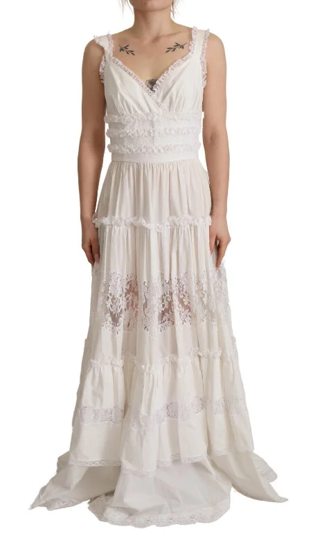 women's metallic dressesDolce & Gabbana Elegant White A-Line Tiered Maxi Dress