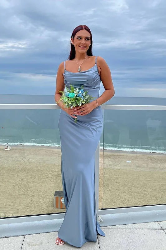 women's mother of the bride dressesCheap Satin Dusty Blue Wedding Guest Dress Long Formal Dress Cowl Neck