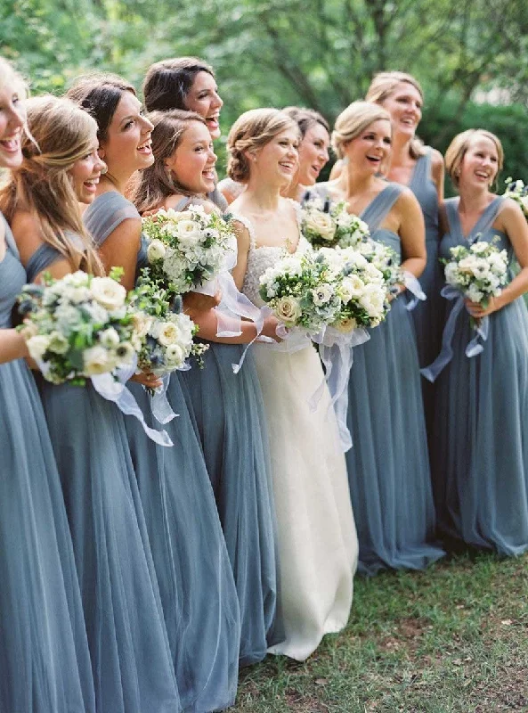 Sweetheart Neckline DressRoycebridal Simple Tulle Long Bridesmaid Dresses Dusty Blue under 100