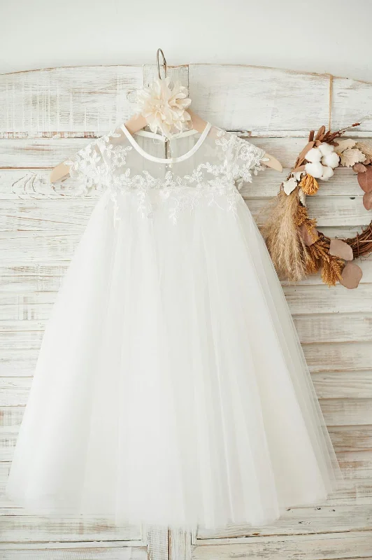 Floor-Length DressBoho Beach Sheer Neck Ivory Tulle Lace Wedding Flower Girl Dress