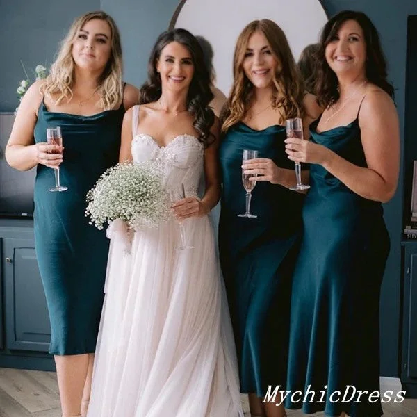 Denim DressRoycebridal Short Dark-Green Beach Bridesmaid Dresses Silk Satin Boho Wedding Dress