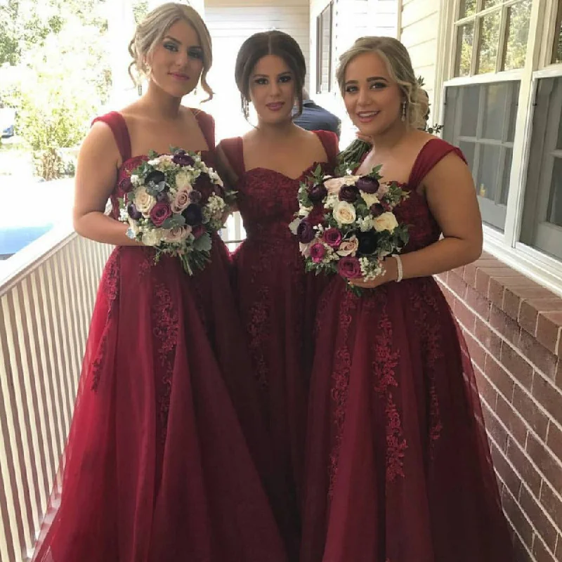 women's tall dressesSexy Straps Sweetheart Burgundy Bridesmaid Dresses Lace-Appliques