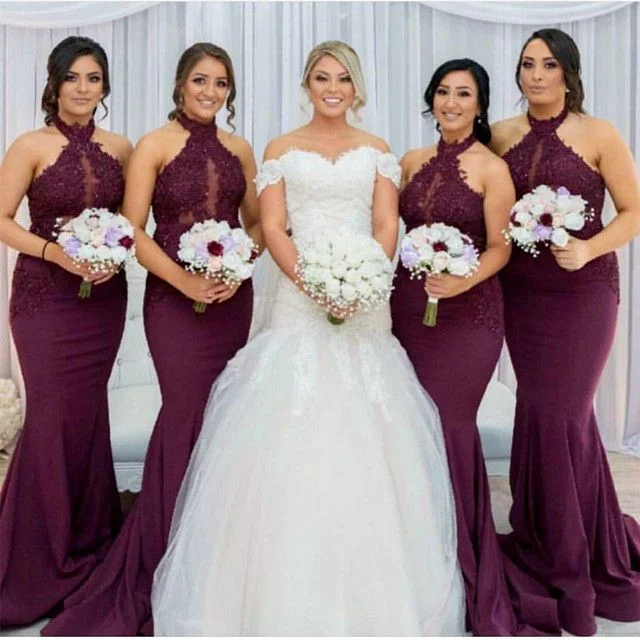 Embellished DressMaroon Halter Bridesmaid Dresses Mermaid Sleeveless Wedding Party Dress