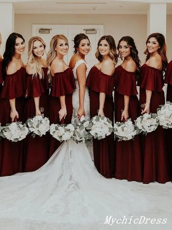 women's mini dressesRoycebridal Cheap Long Off the Shoulder Burgundy Chiffon Boho Bridesmaid Dresses