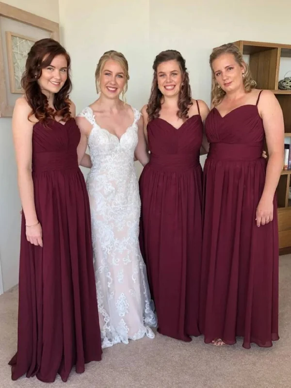 women's chiffon dressesFloor-length Long Chiffon Spaghetti Straps Burgundy Bridesmaid Dresses