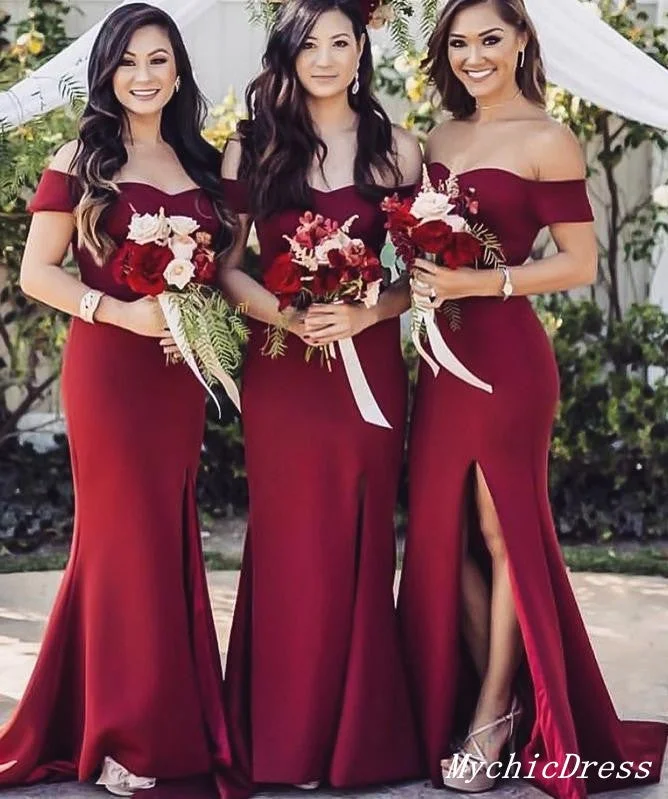 women's wrinkle-resistant dressesRoycebridal Sexy Burgundy Wedding Guest Dresses Floor Length Bridesmaid Dress with Split