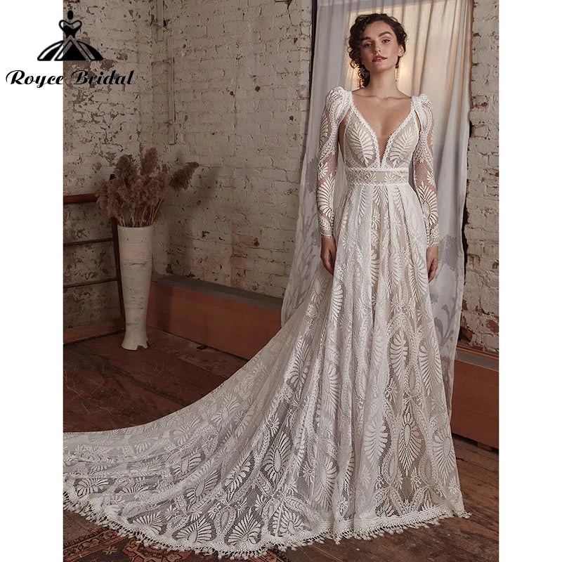 women's easy-to-wear dressesSexy Bohemian Boho Wedding Dress with Detachable Long Sleeve A Line Beach Deep V Neck Lace Backless Spaghetti Straps Bridal Gown