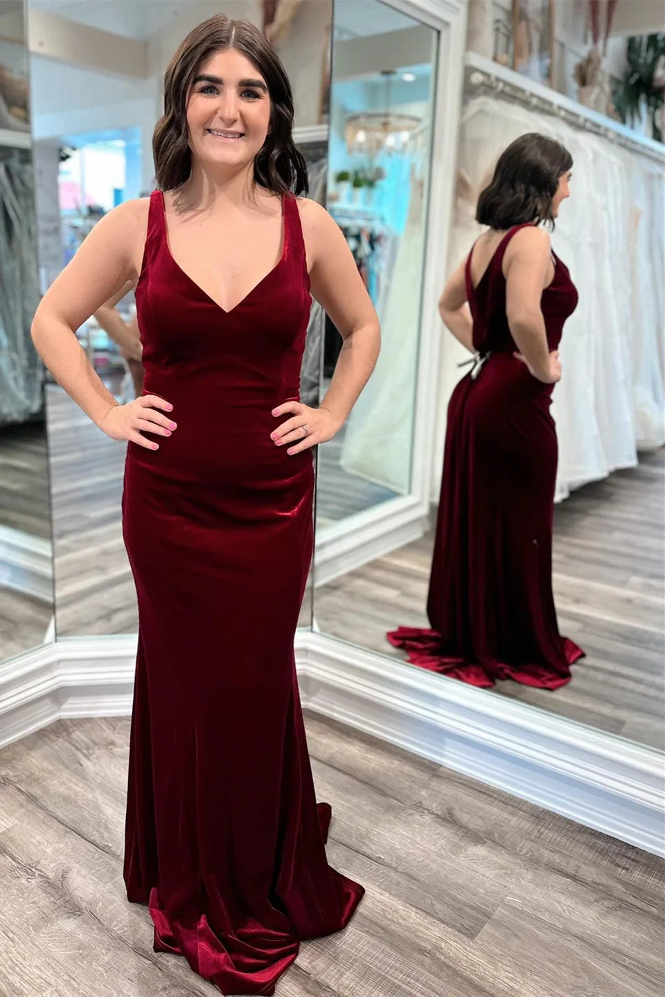 women's sheath dressesMermaid Burgundy Velvet Formal Wedding Guest Dress V-Neck