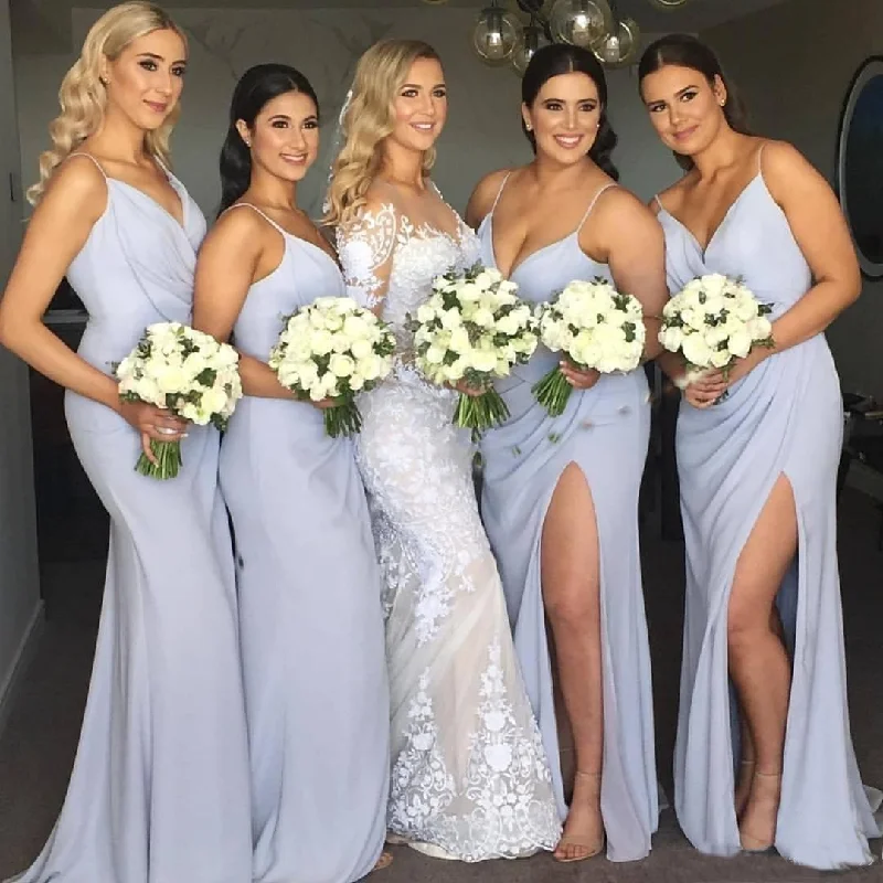 Embellished DressRoycebridal V Neck Sleeveless Long Sky Blue Bridesmaid Dresses Spaghetti Straps