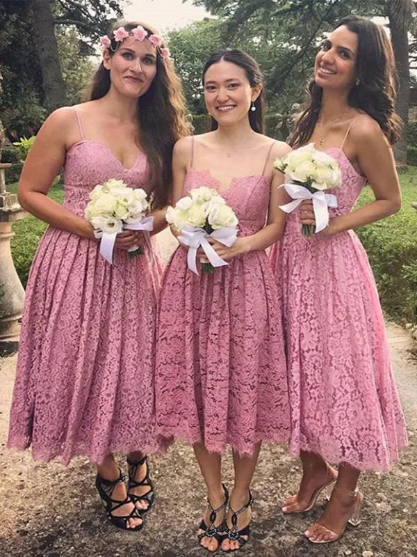 women's sustainable dressesShort Lace Dusty Rose Bridesmaid Dresses Spaghetti Strap Sleeveless