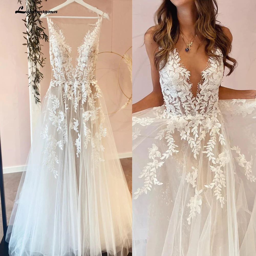 women's high-end dressesSexy A-Line Backless Wedding Dress  Vintage Lace Applique Beaded Off White Tulle Wedding Gowns Trouwjurk Long Bridal Dress