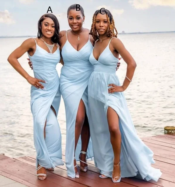 women's cold-shoulder dressesSexy A line V neck Light Blue Chiffon Beach Bridesmaid Dresses Spaghetti Straps