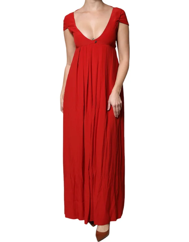 Nursing DressDondup Red Acetate Short Sleeves Plunging Neckline Maxi Dress