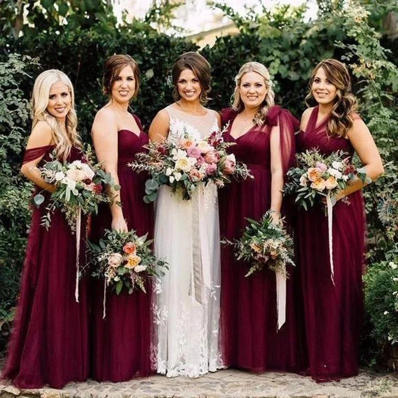 Velvet DressSheath Chiffon Long Tulle Burgundy Convertible Bridesmaid Dresses