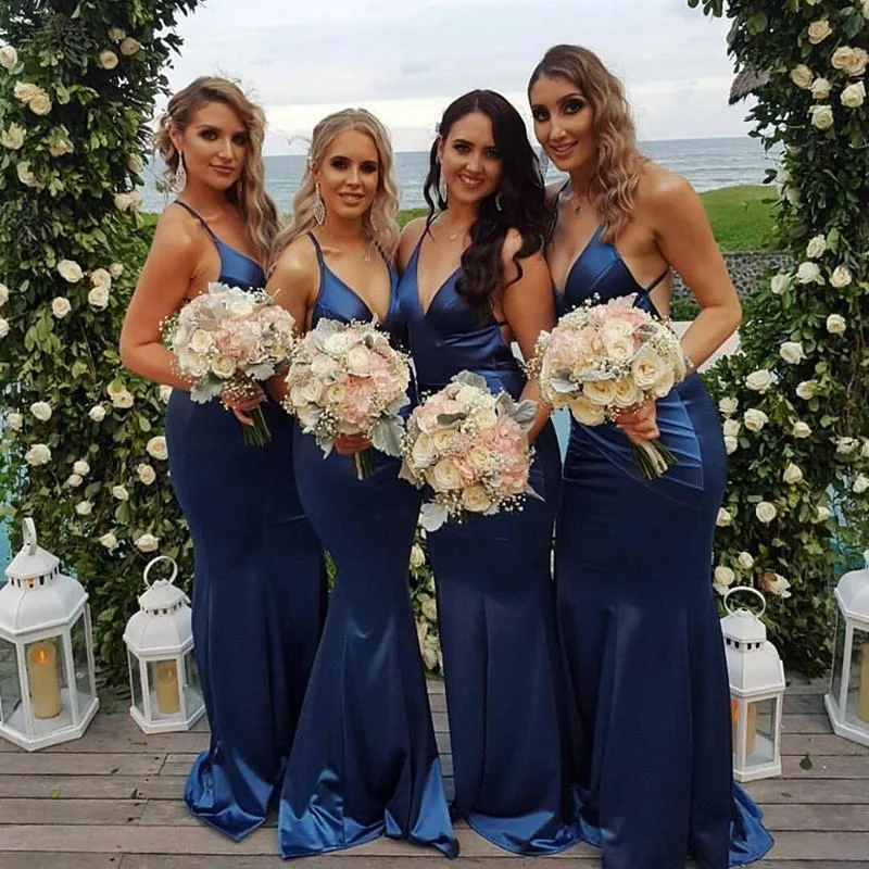 women's vacation dressesRoycebridal Long Mermaid V Neck Custom Blue Bridesmaid Dresses