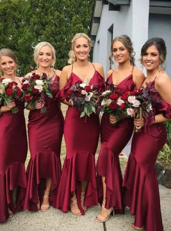 A-Line DressCheap Mermaid Satin Burgundy Bridesmaid Dress Spaghetti Straps