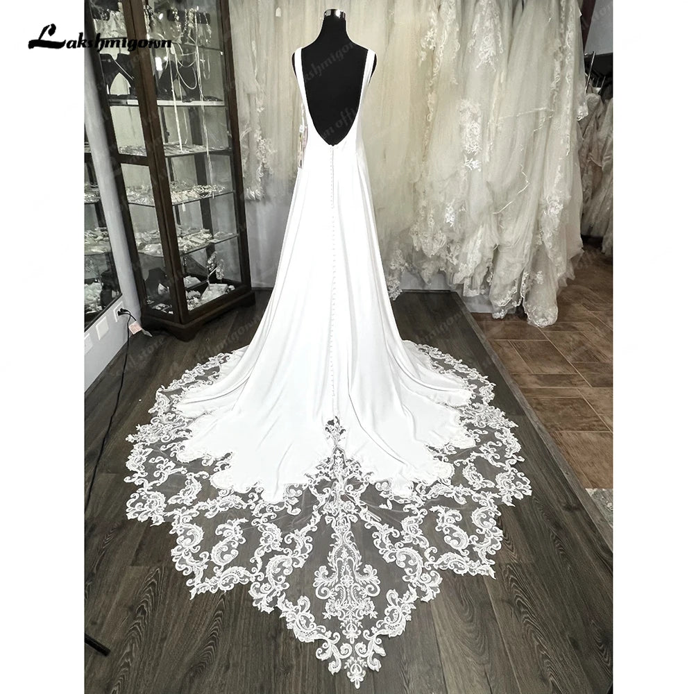 Silk DressRoycebridal Scoop Neck Lace Backless Soft Satin Wedding Dress for Women  Tank Bridal Gown Court Train robe mariée sirene