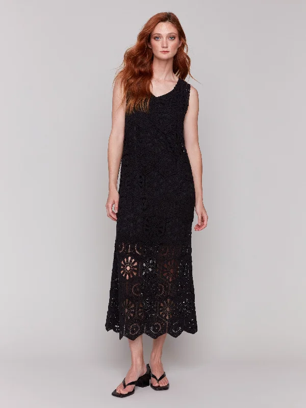 Plunging Neckline DressCotton Crochet Sleeveless Maxi Dress - Black