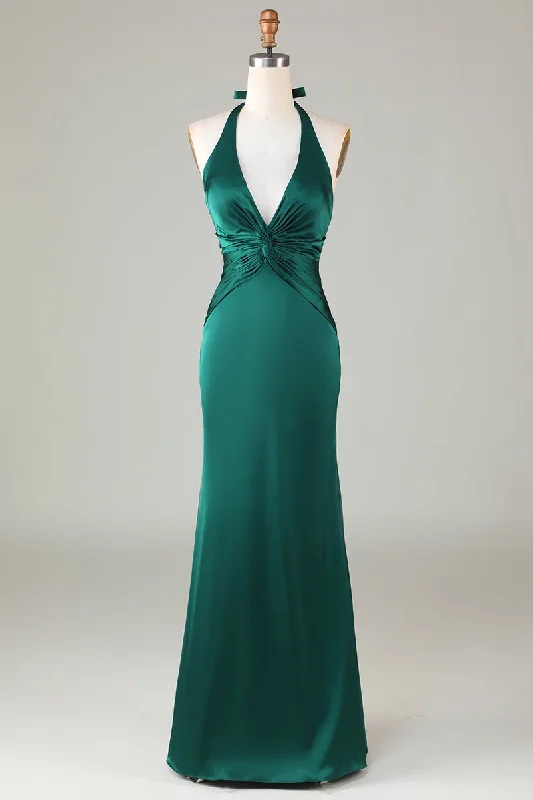 women's wedding guest dressesHalter Emerald Green Wedding Guest Dresses Ruched Mermaid Formal Dress