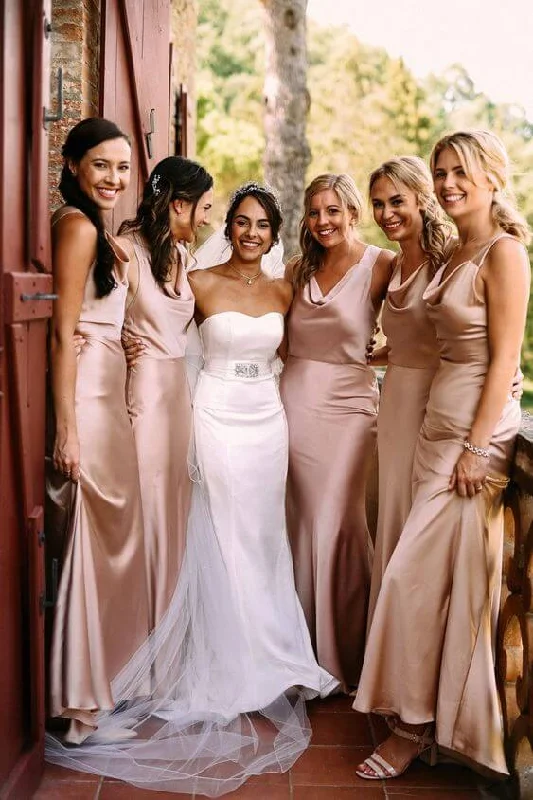 women's body-skimming dressesCheap Floor length Rose Gold Bridesmaid Dresses Satin Sleeveless